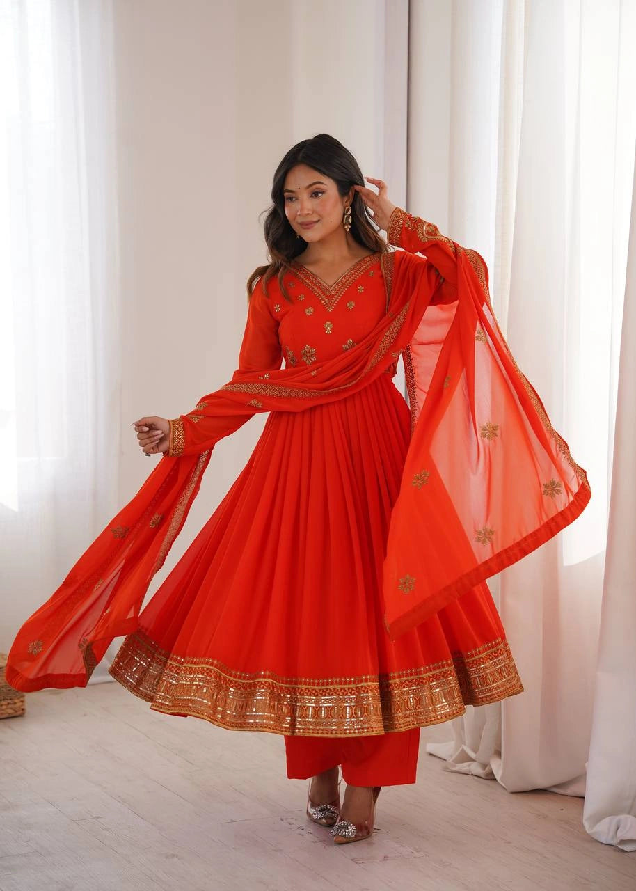 Orange Sequins Embroidered Suit – Anarkali Pant Set with Dupatta
