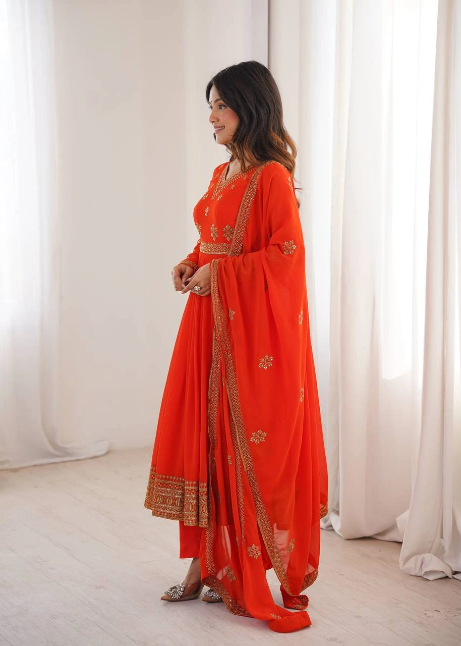 Orange Sequins Embroidered Suit – Anarkali Pant Set with Dupatta