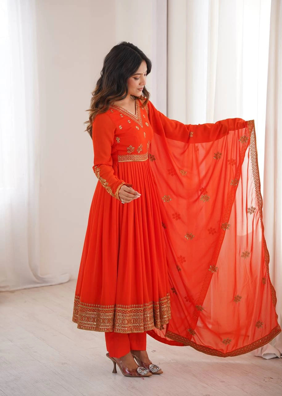 Orange Sequins Embroidered Suit – Anarkali Pant Set with Dupatta