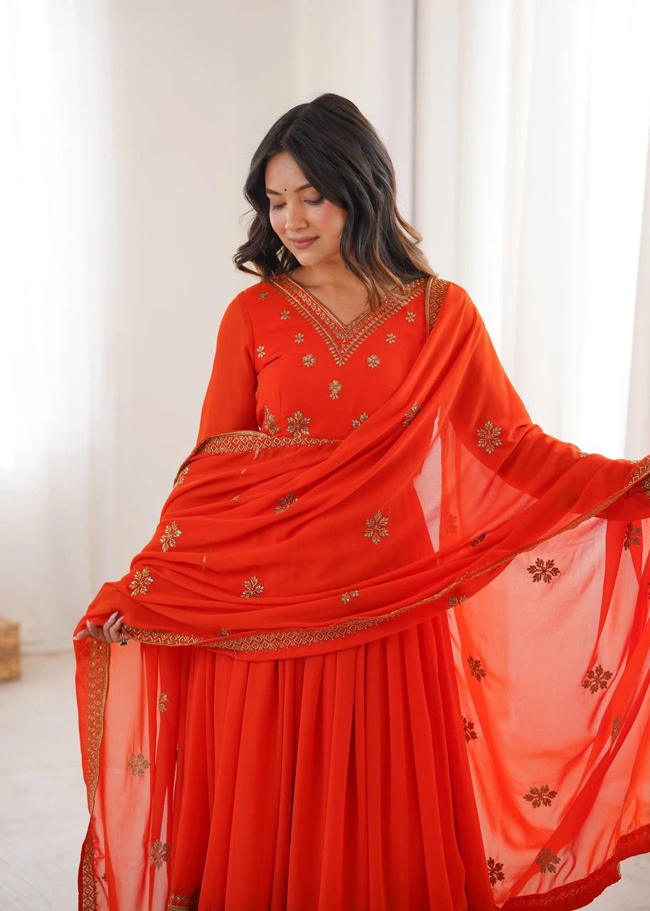 Orange Sequins Embroidered Suit – Anarkali Pant Set with Dupatta