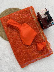 Orange soft net saree with blouse piece – flat lay