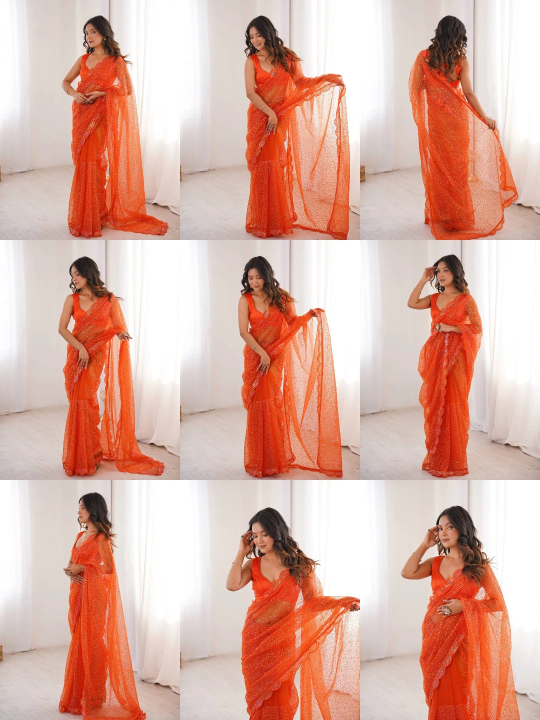 Orange sequins embroidered thread work saree – all views collage