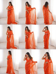 Orange sequins embroidered thread work saree – all views collage