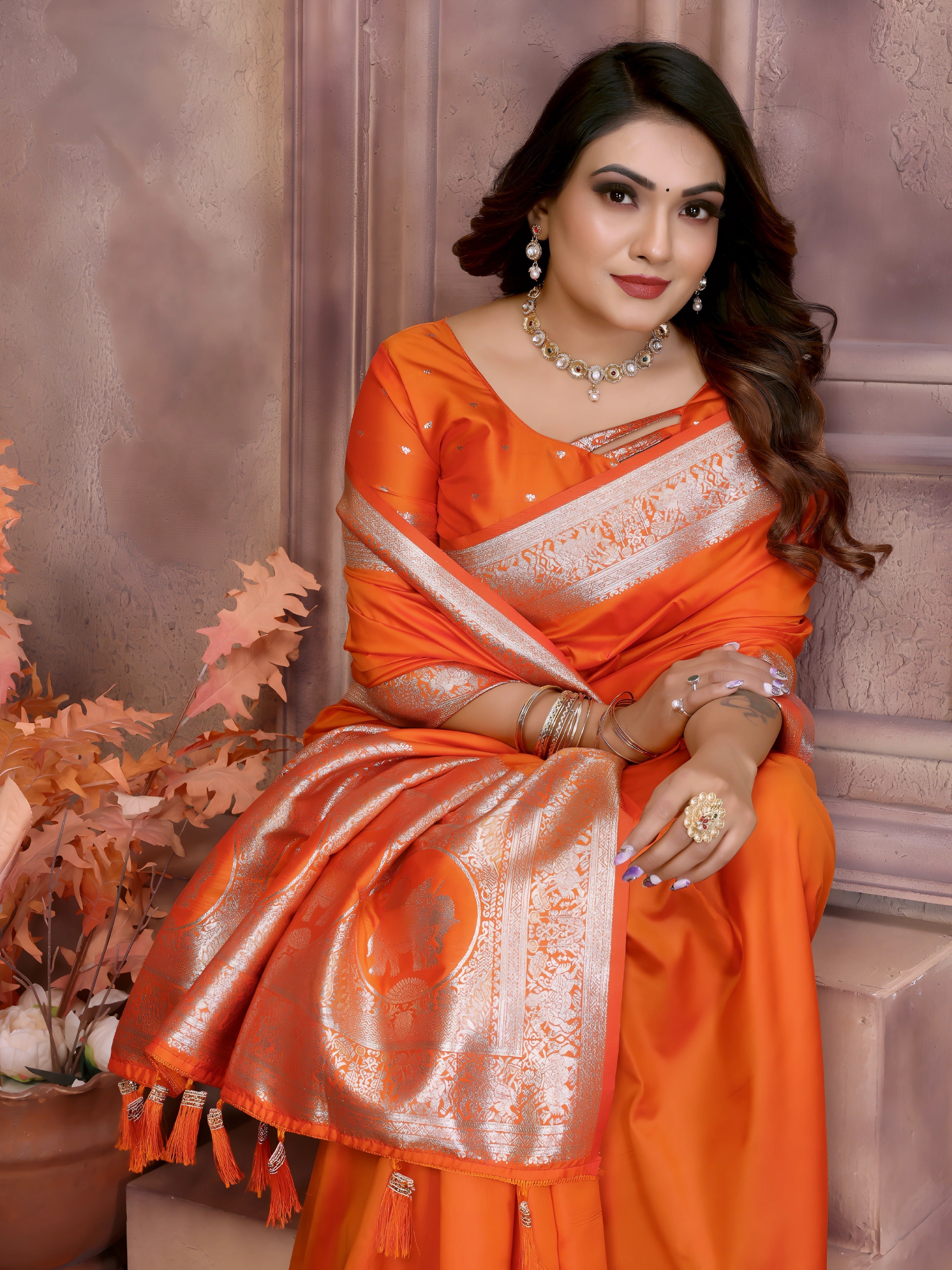 Orange Gala Weaving Banarasi Silk Saree
