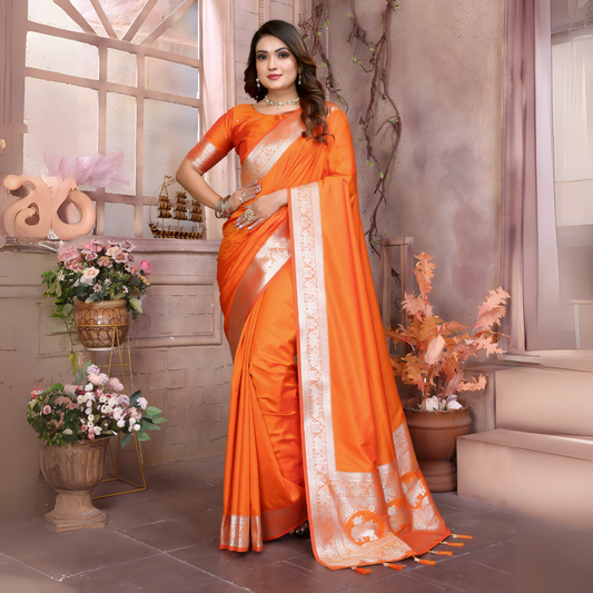 Orange Gala Weaving Banarasi Silk Saree