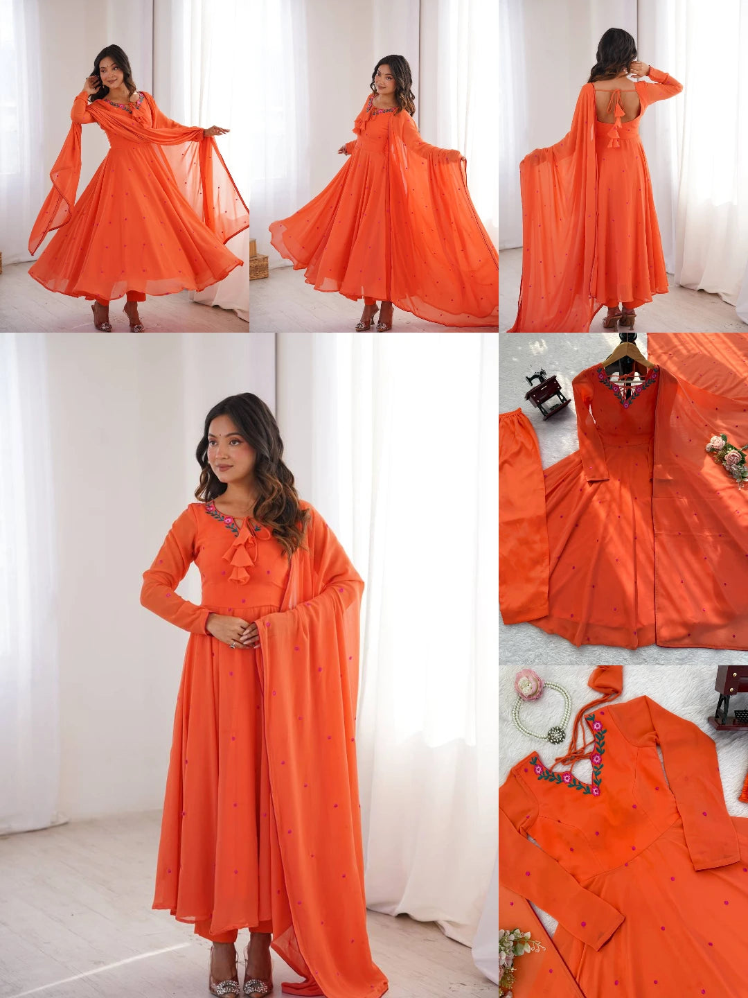 Orange Thread Embroidered Anarkali Suit Kalyanja KU204 all angles collage