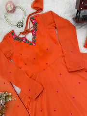 Orange Thread Embroidered Suit Pant Dupatta KU204 flat lay V-neck dori back detail