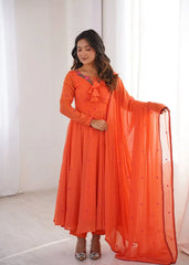 Orange Thread Embroidered Anarkali Suit KU204 front view V-neck tassel full sleeve
