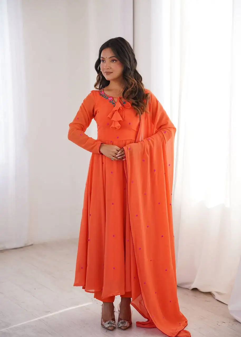 Orange Thread Embroidered Suit Kalyanja KU204 model candid A-line flair