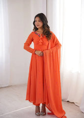Orange Thread Embroidered Suit Kalyanja KU204 model candid A-line flair