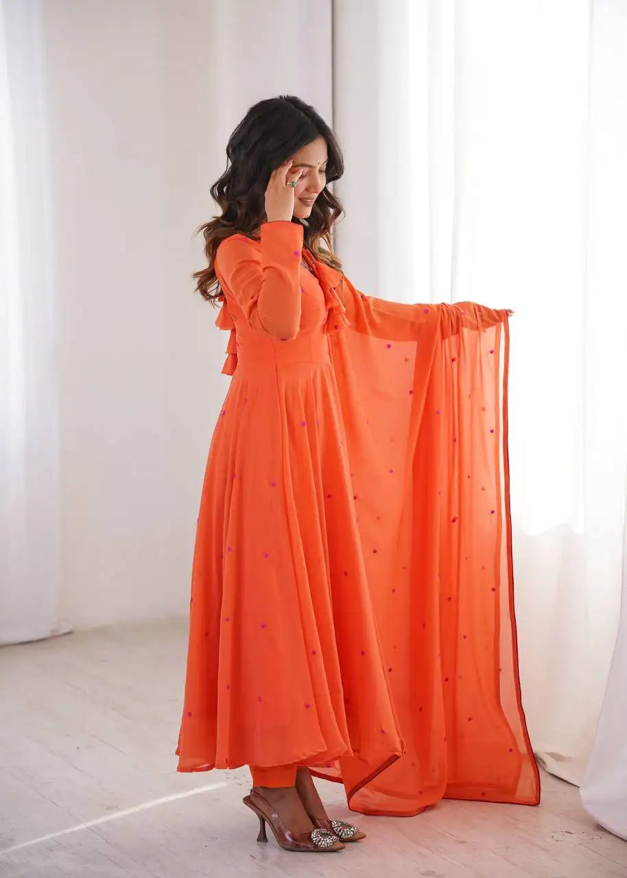 Orange Faux Georgette Anarkali Suit KU204 model full length with dupatta