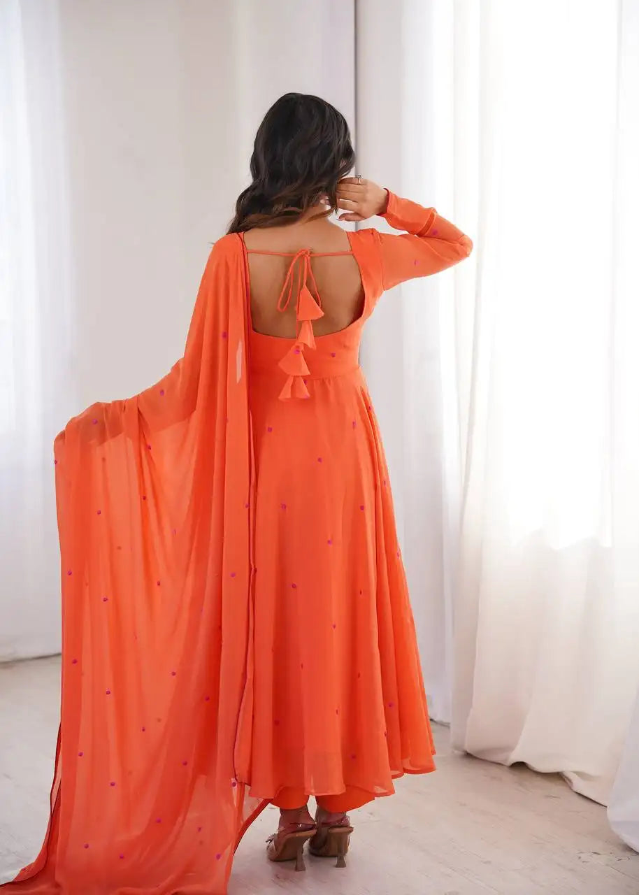 Orange Thread Embroidered Suit KU204 model side pose dupatta flowing