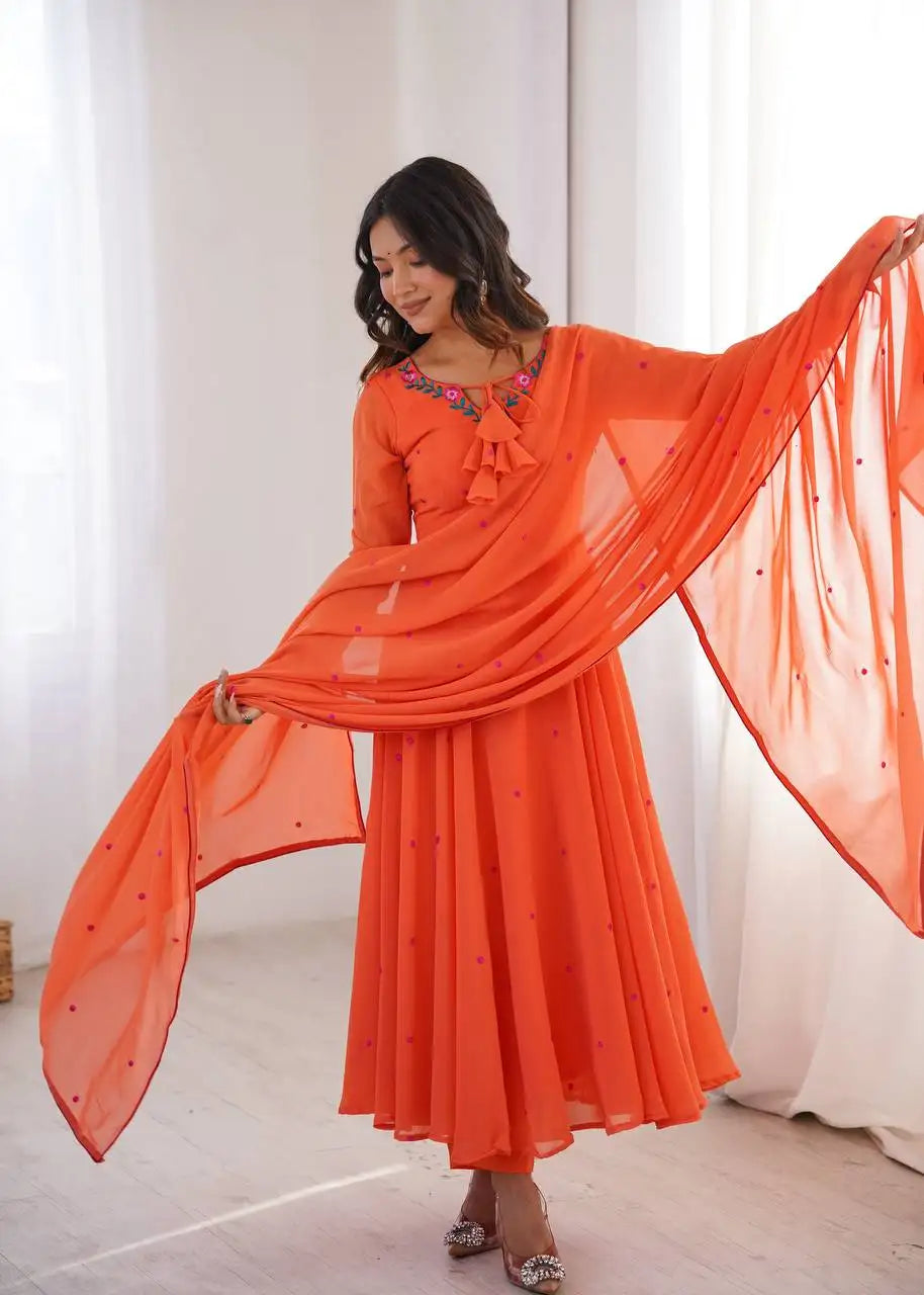 Orange Anarkali Suit Kalyanja KU204 model festive wedding look thread embroidery