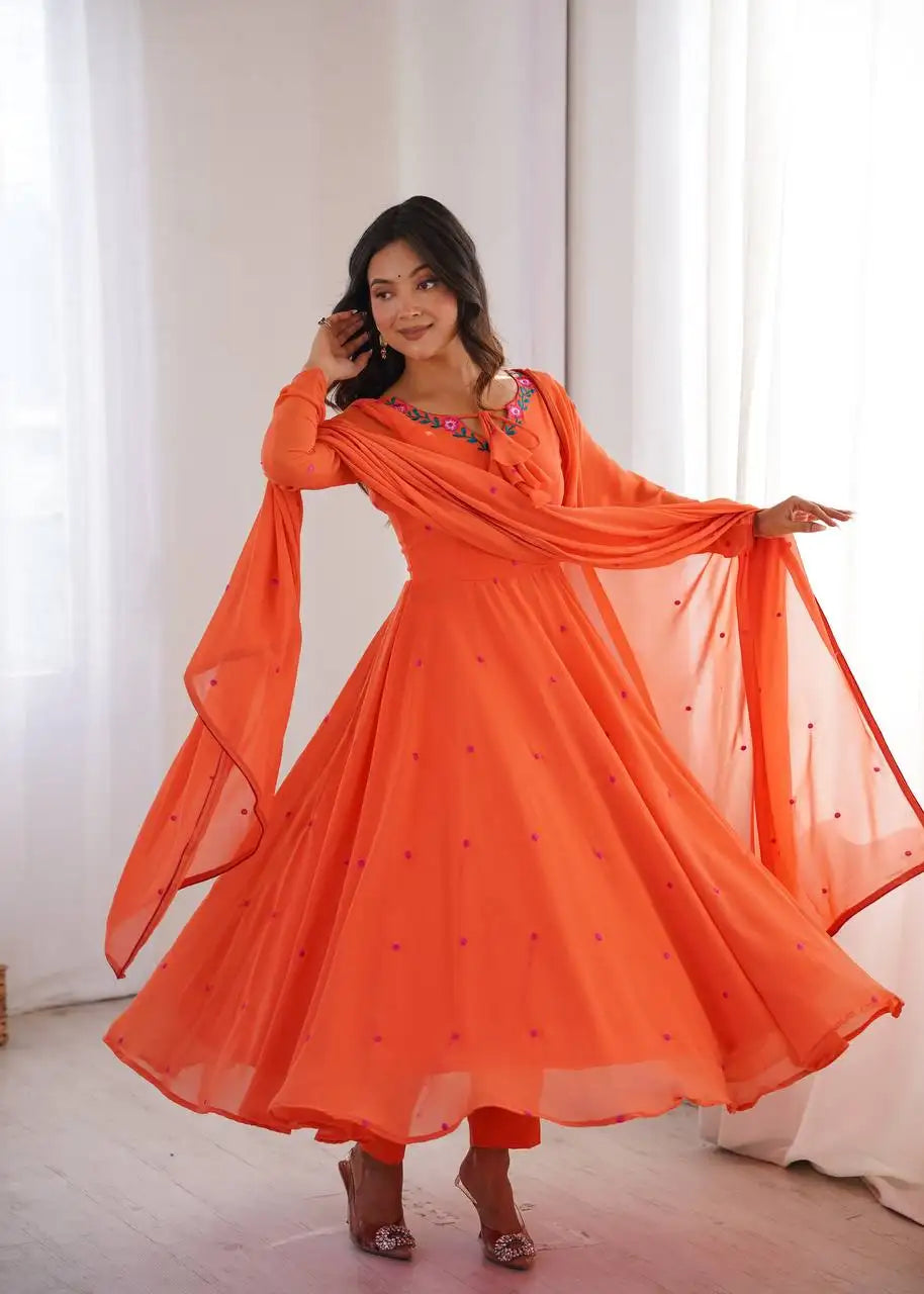 Orange Thread Embroidered Anarkali KU204 model standing full length