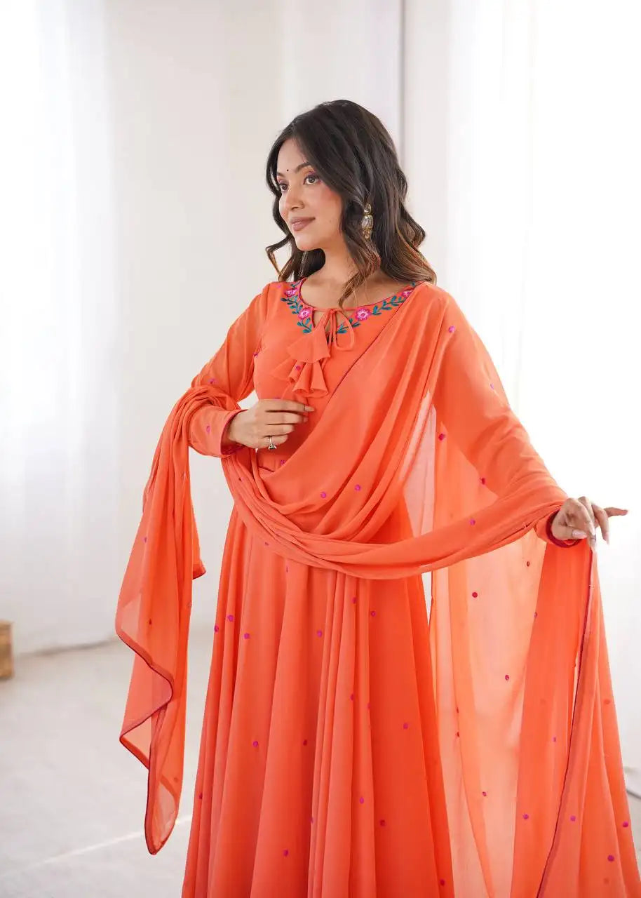 Orange Thread Embroidered Anarkali Suit KU204 model dynamic shot