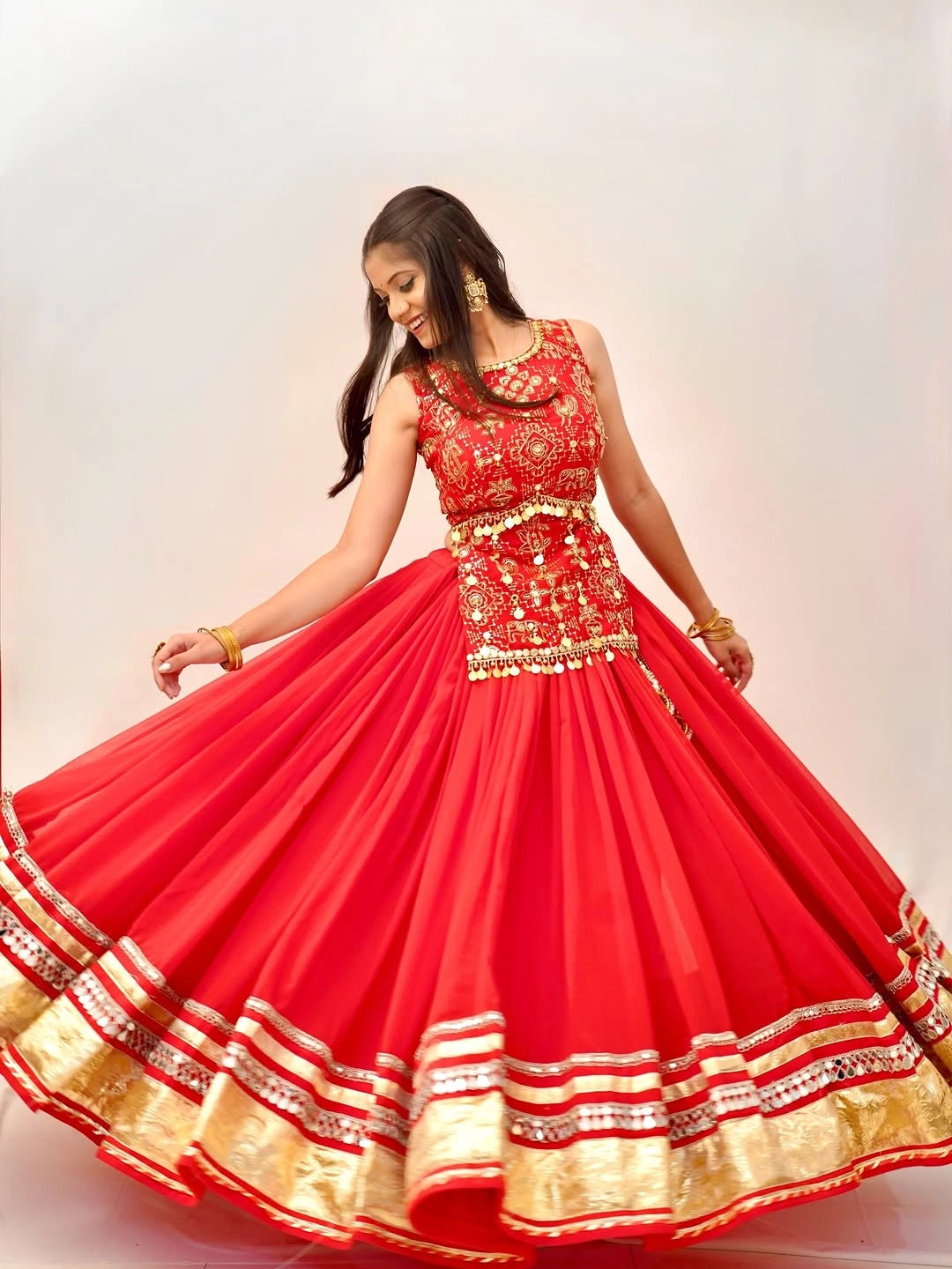 Orange Thread Embroidered Lehenga – twirling flair action – KL185 – Kalyanja