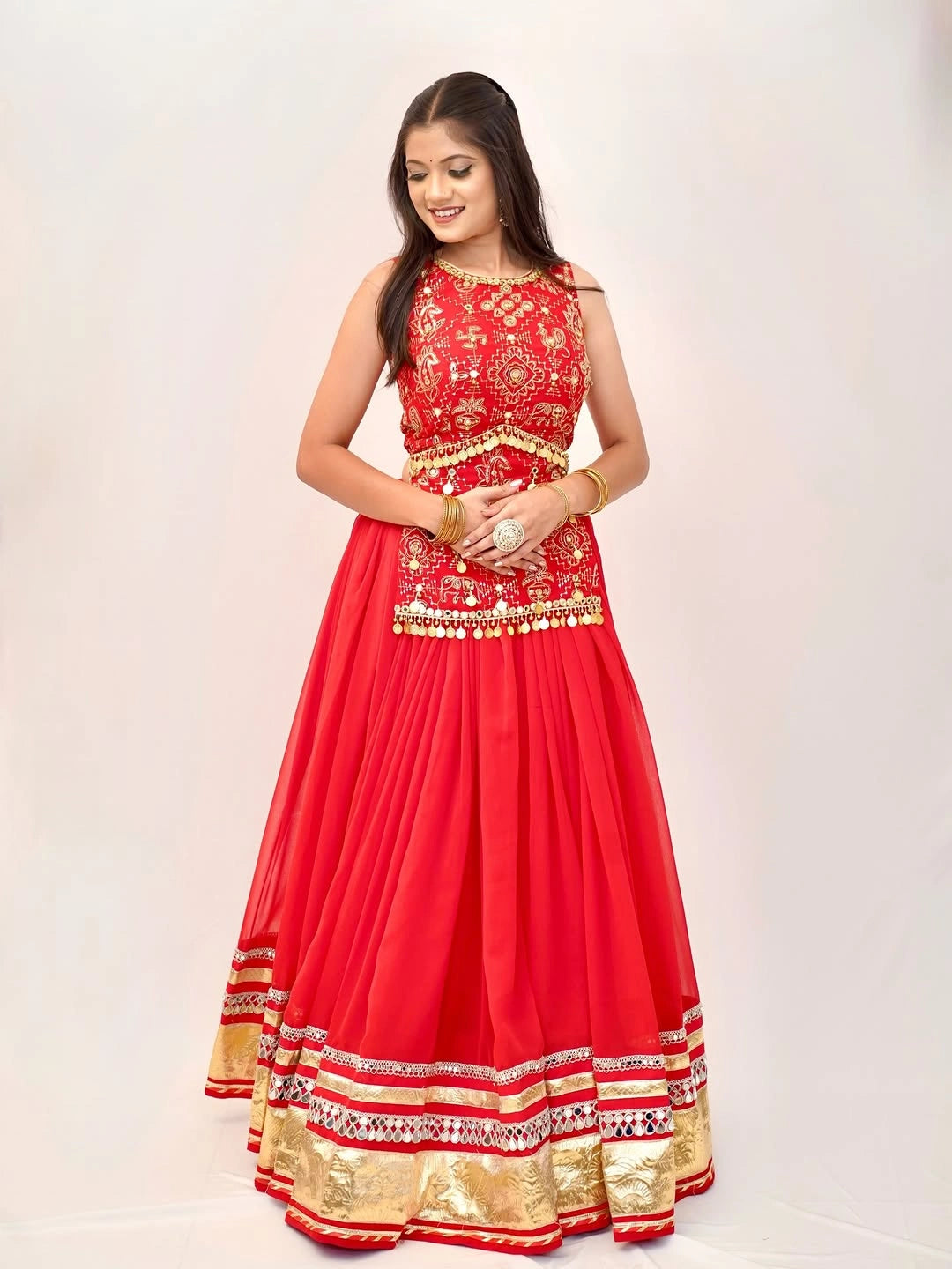Orange Thread Embroidered Lehenga – standing front full length – KL185 – Kalyanja