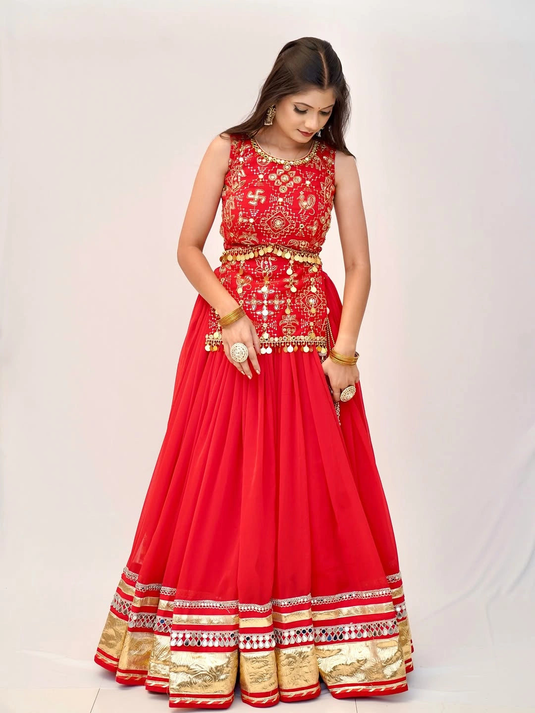 Orange Thread Embroidered Lehenga – standing with dupatta – KL185 – Kalyanja