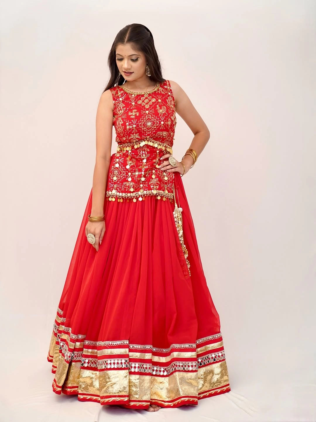 Orange Thread Embroidered Lehenga – front standing pose – KL185 – Kalyanja