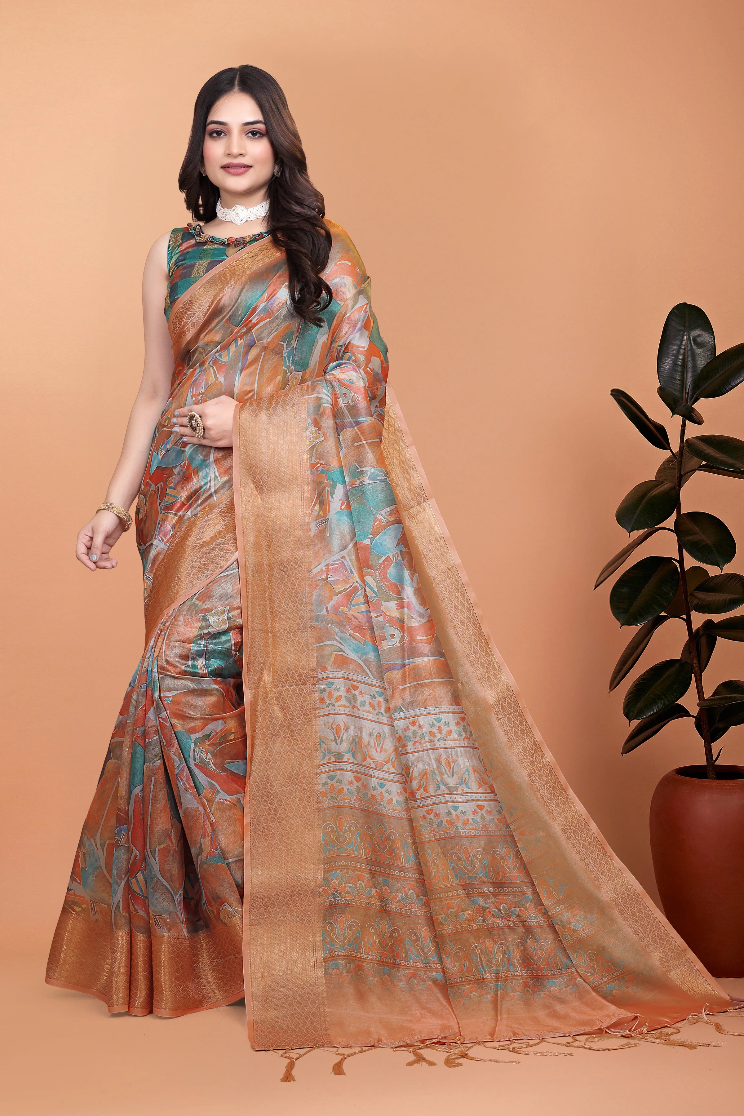 Orange Zari Weaving Premium Crystal Saree Front View Hero | Kalyanja KS353