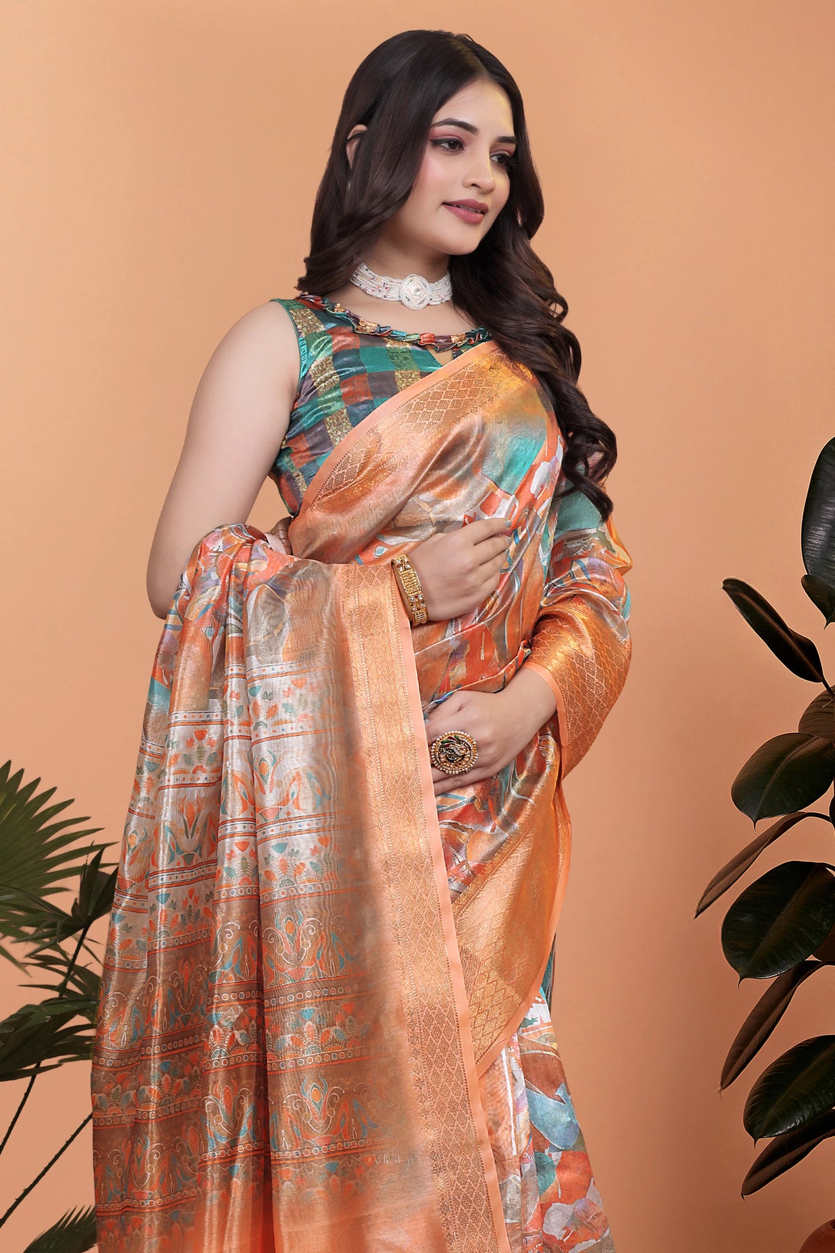 Orange Premium Crystal Saree Pallu Close-Up View | Kalyanja KS353