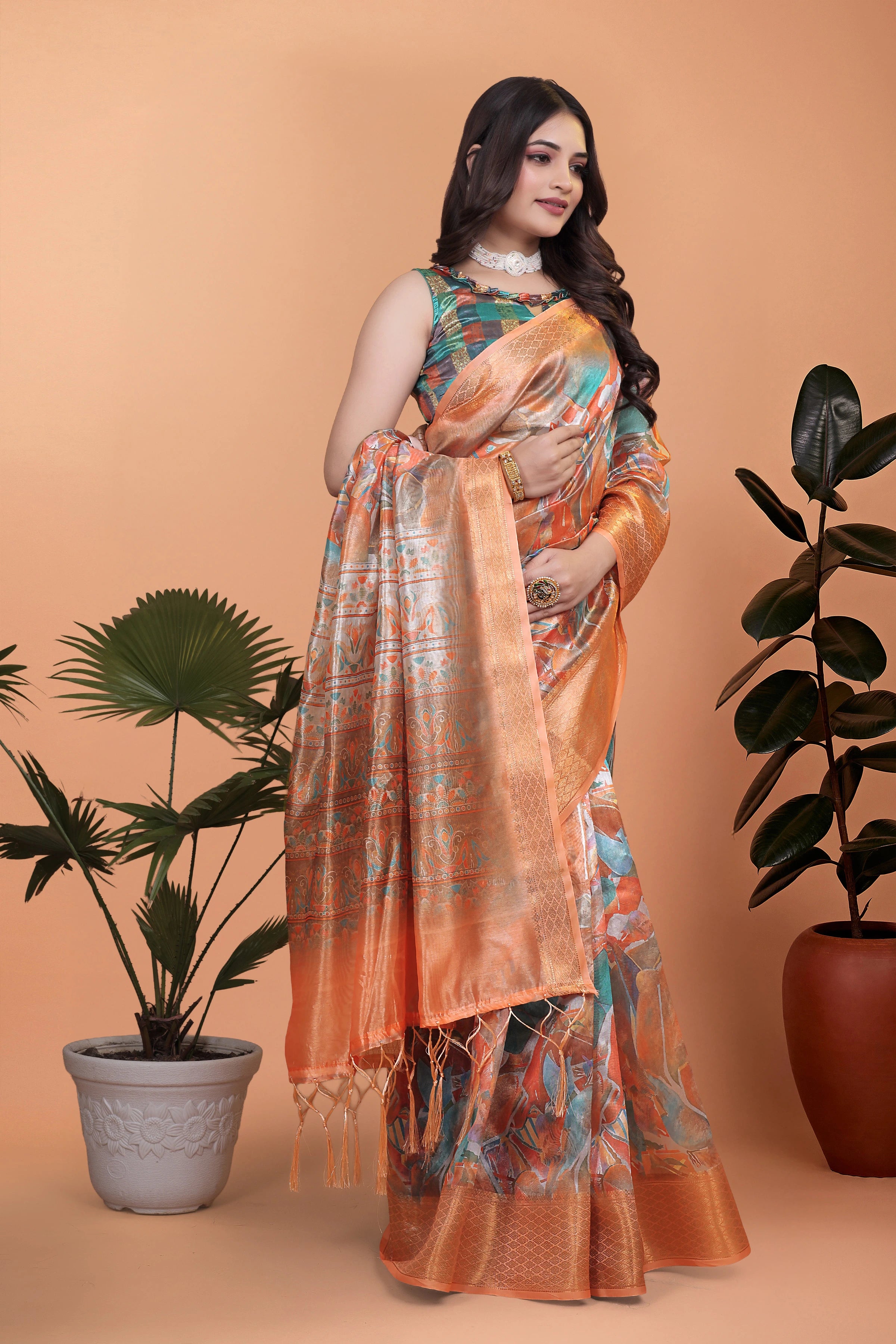 Orange Zari Weaving Saree Woven Pallu Full Length View | Kalyanja KS353