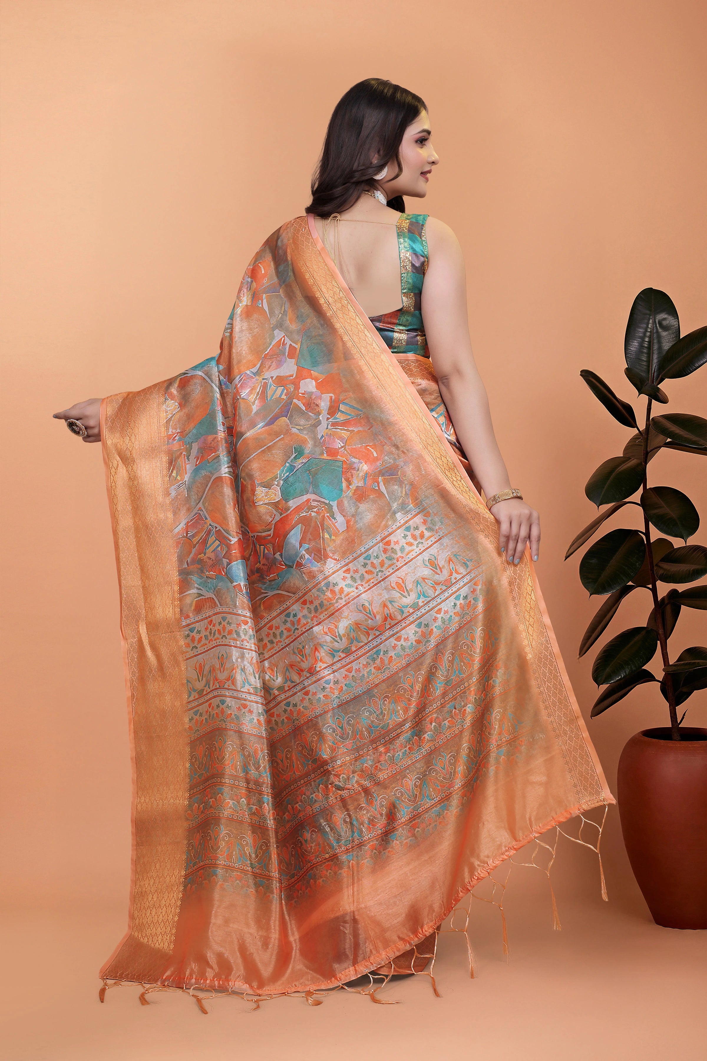 Orange Zari Weaving Premium Crystal Saree Back View | Kalyanja KS353