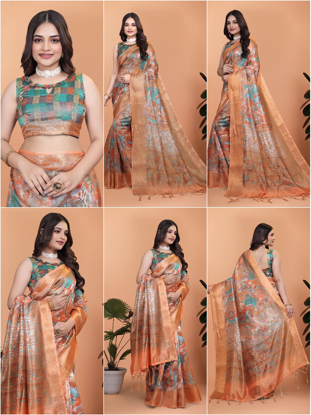 Orange Zari Weaving Saree Collage All Views | Kalyanja KS353