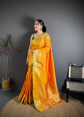 Orange Zari Weaving Saree full front drape – KS373