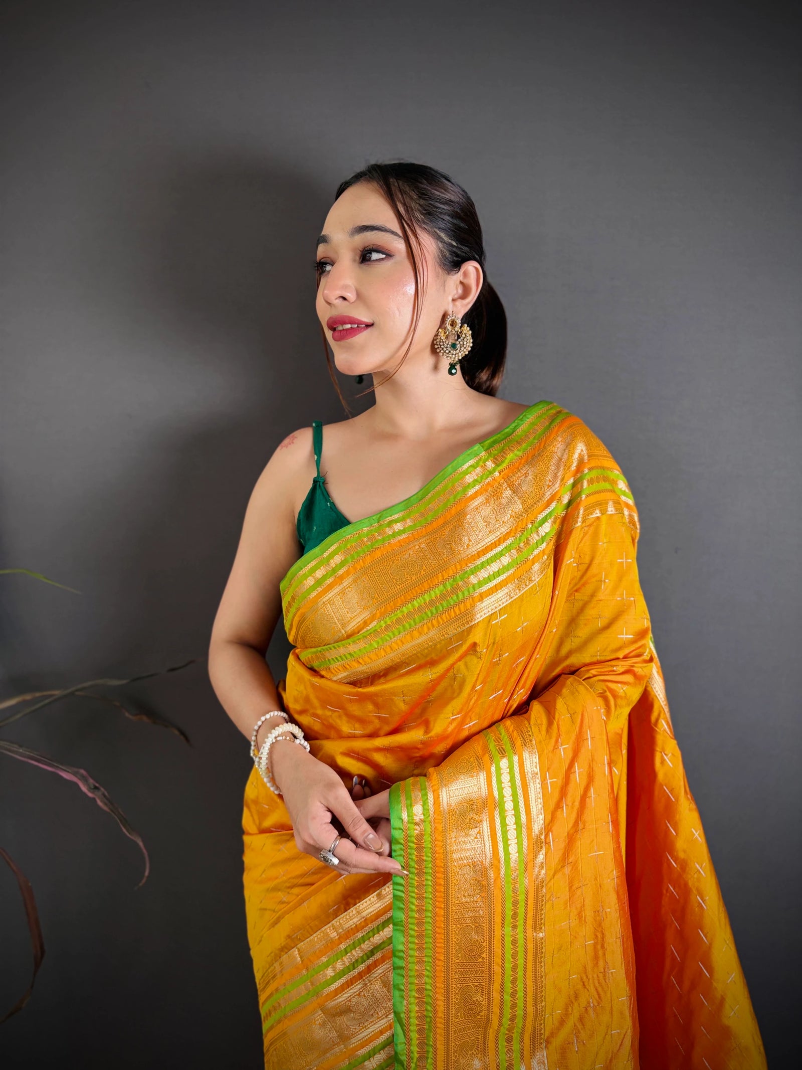 Orange Silk Blend Saree portrait close-up – KS373