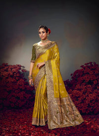 Yellow Embroidery Work Satin Silk Saree