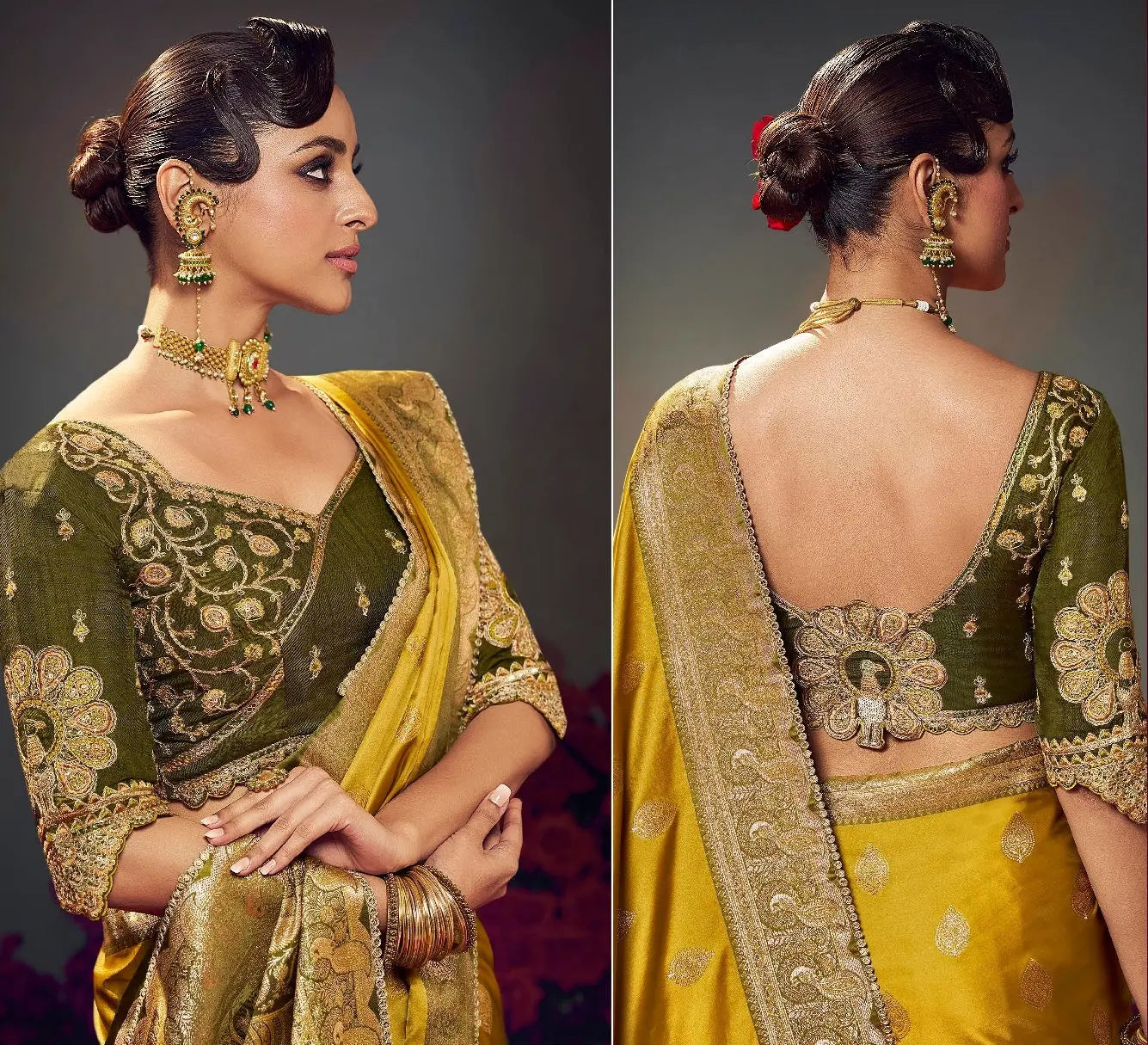 Yellow Embroidery Work Satin Silk Saree