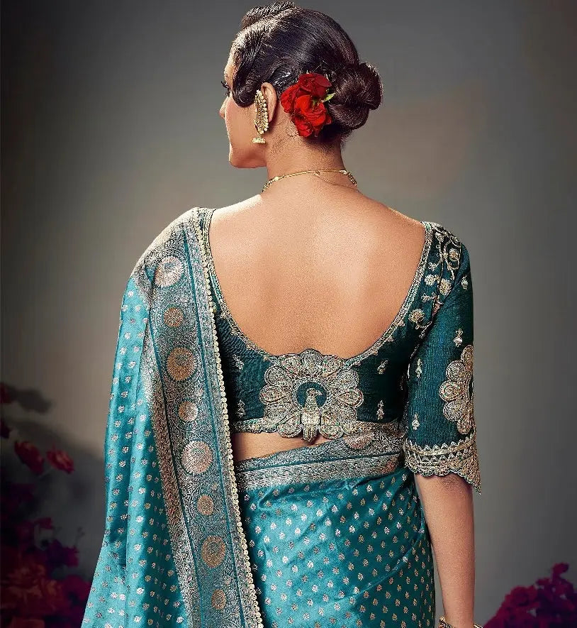 teal embroidery work satin silk saree - kalyanja