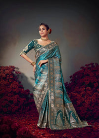 Teal Embroidery Work Satin Silk Saree