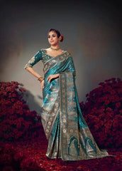 Teal Embroidery Work Satin Silk Saree