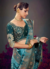Teal Embroidery Work Satin Silk Saree