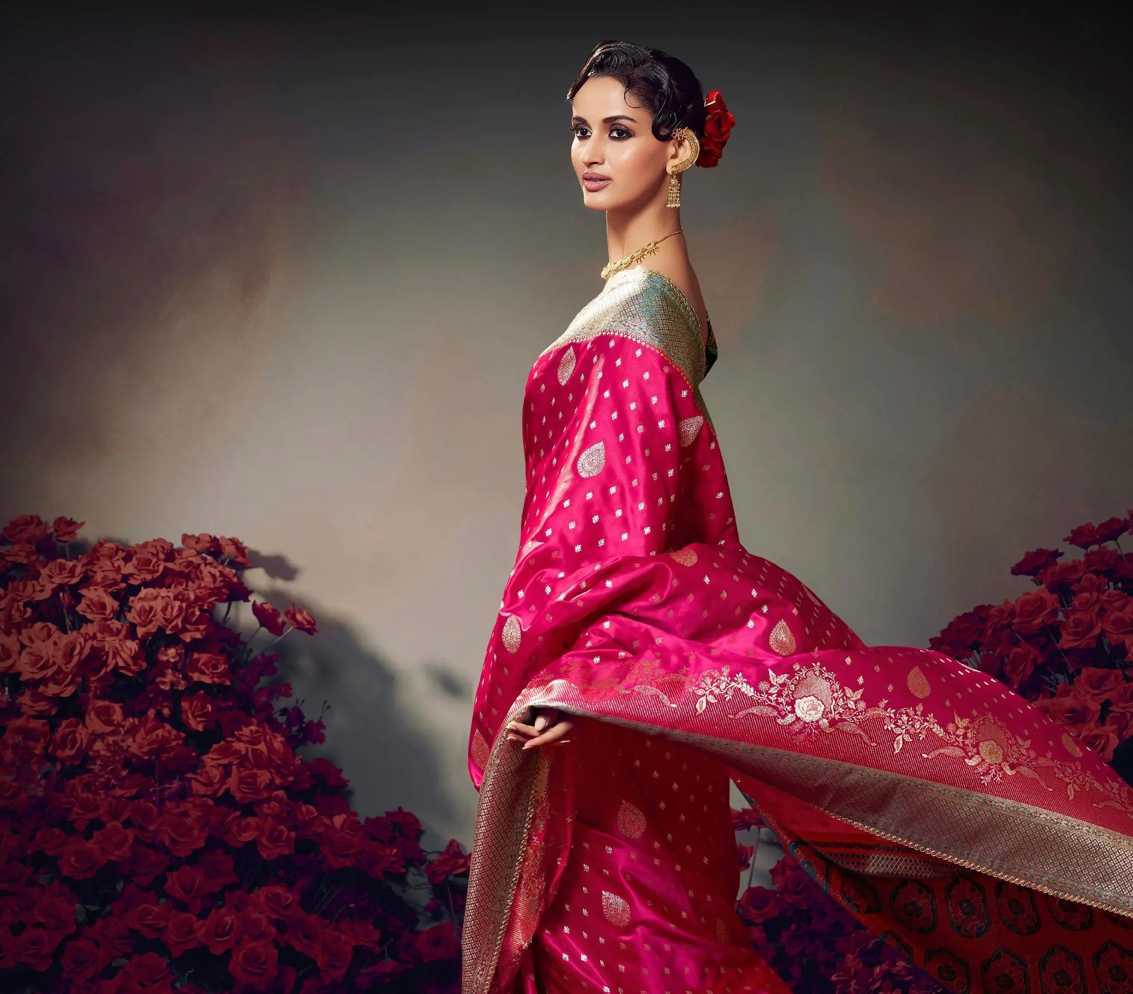 Dark Pink Embroidery Work Satin Silk Saree