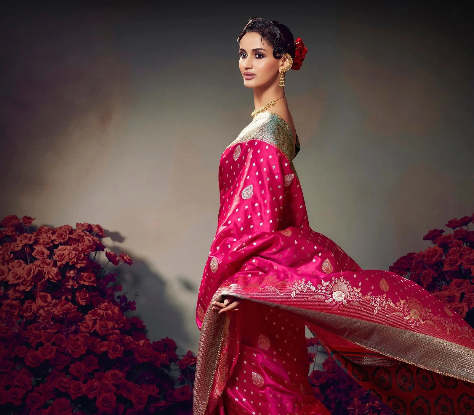 Dark Pink Embroidery Work Satin Silk Saree