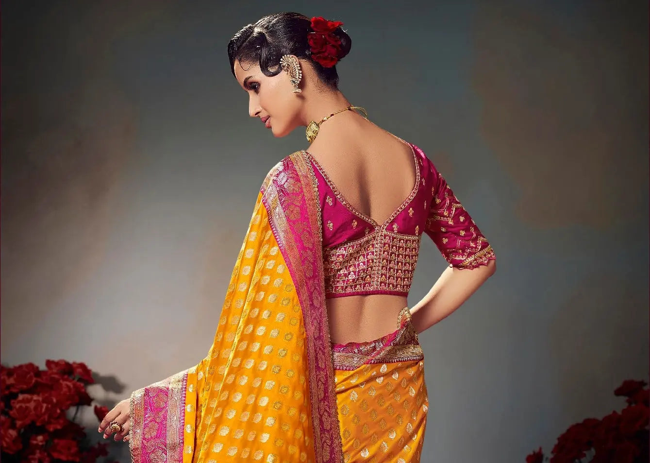 Orange Embroidery Work Satin Silk Saree