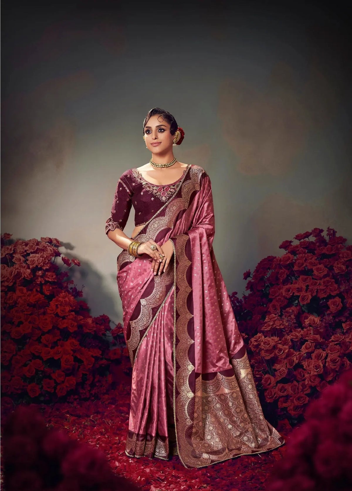 Pink Embroidery Work Satin Silk Saree