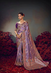 Lavender Embroidery Work Satin Silk Saree