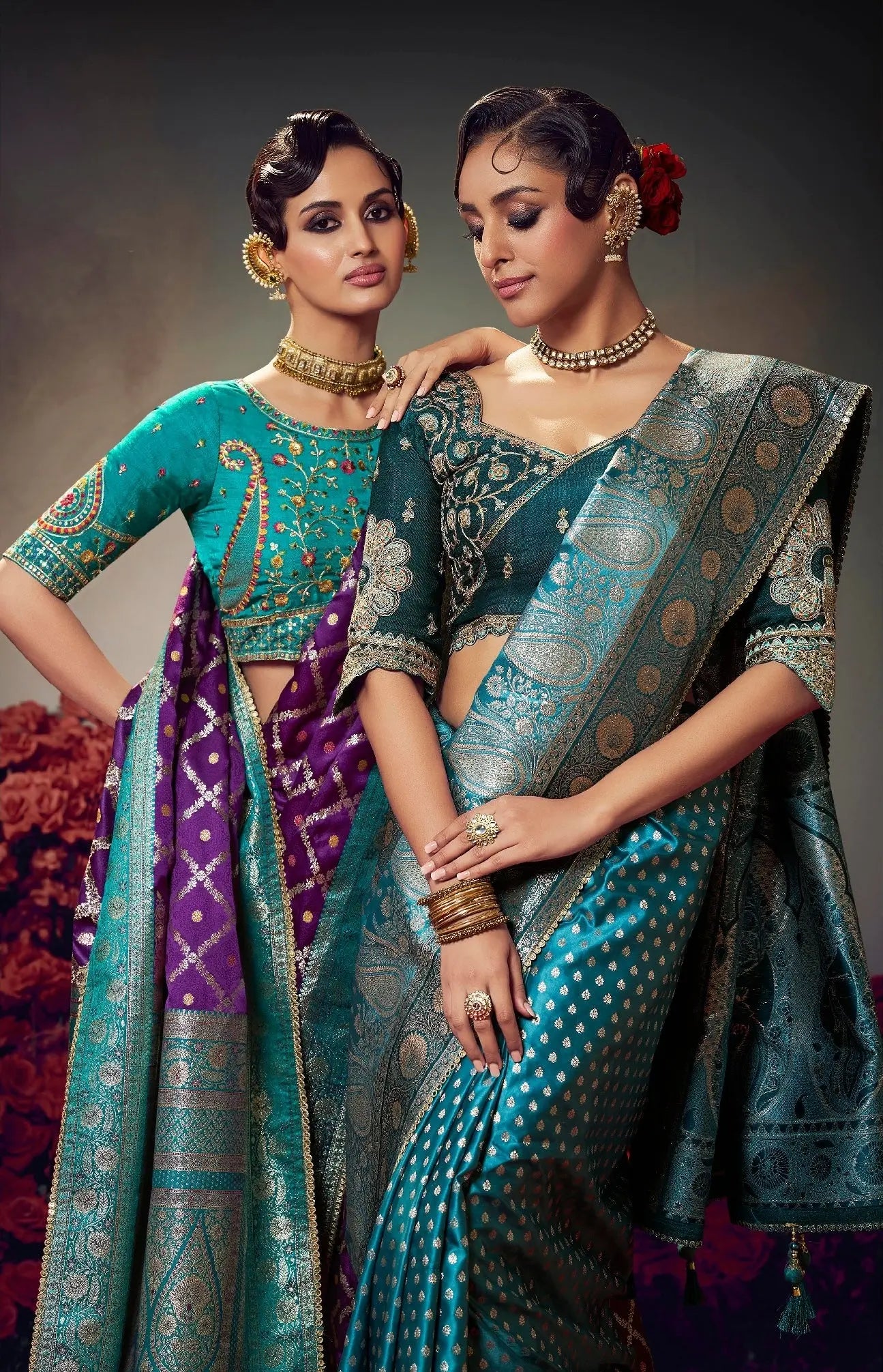 purple embroidery work satin silk saree - kalyanja