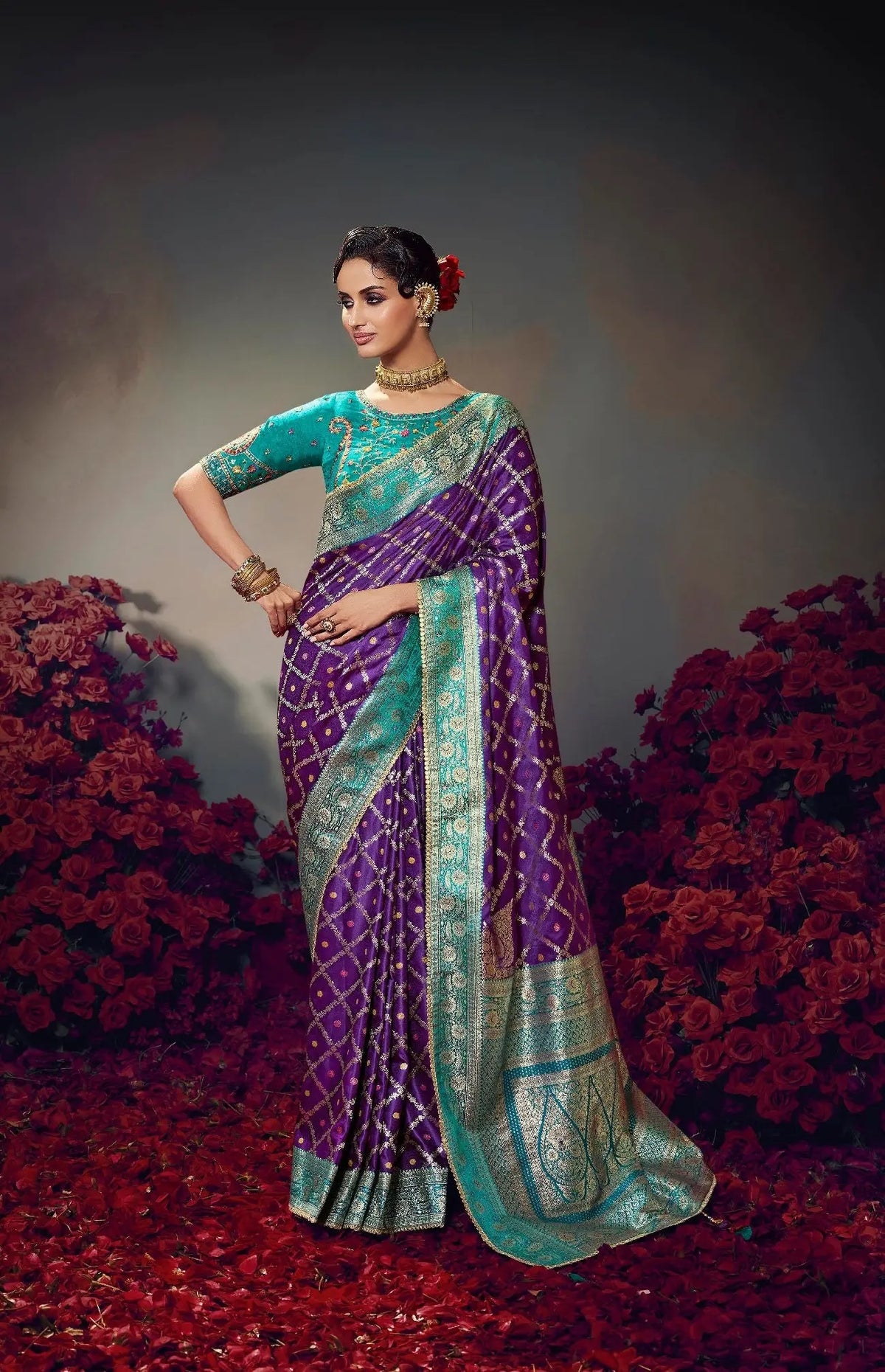 Purple Embroidery Work Satin Silk Saree