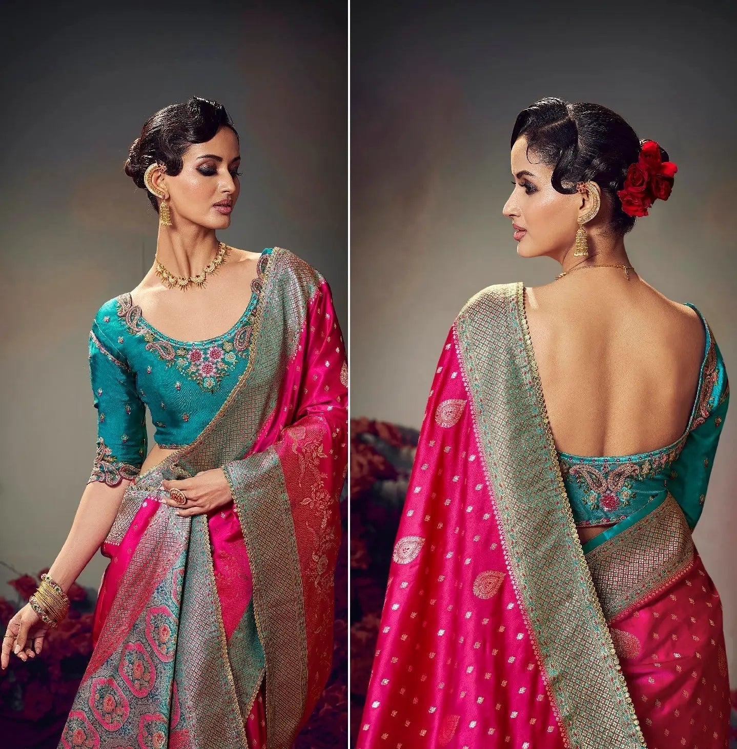 Dark Pink Embroidery Work Satin Silk Saree Agarwal Saree