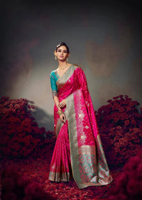 Dark Pink Embroidery Work Satin Silk Saree