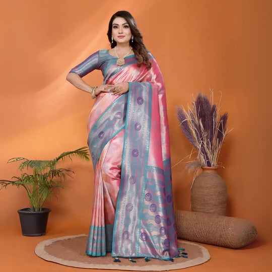 Pink & Blue Paithani Woven Banarasi Silk Saree