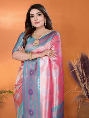 Model wearing a blue and pink Paithani woven saree with traditional motifs and a contrast border, paired with a matching blouse in an indoor studio product image, Indian ethnic wear