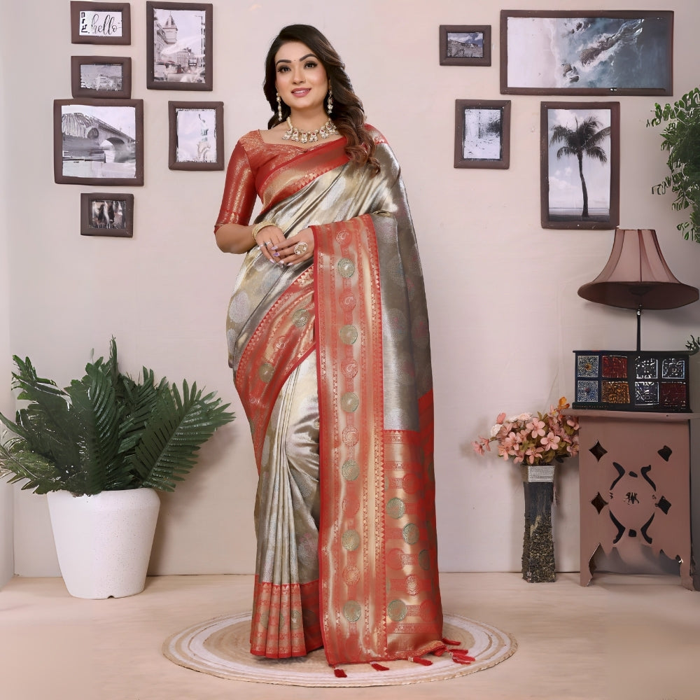 Grey & Red Paithani Woven Banarasi Silk Saree