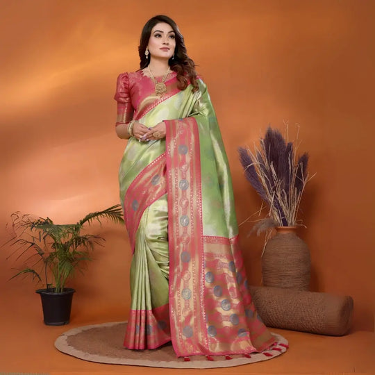 Pista & Pink Paithani Woven Banarasi Silk Saree
