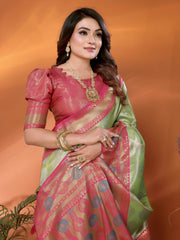 Model wearing a pista green and pink Paithani woven saree with traditional motifs and a contrast border, paired with a matching blouse in an indoor studio product image, Indian ethnic wear